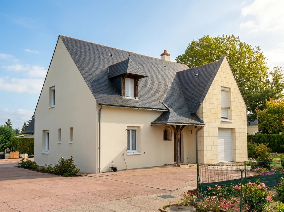 Maison individuelle de style normand, deux niveaux, façade crépi blanc cassé et parement en tuffeau