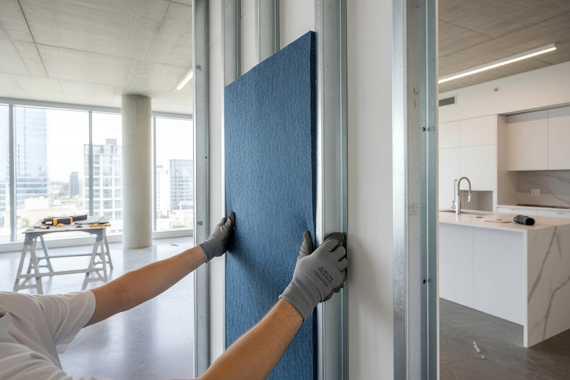 Photographie réaliste en couleur montrant un ouvrier professionnel en équipement de protection (combinaison, gants) installant un panneau ou une feuille d'isolation phonique (mousse acoustique, laine acoustique, ou membrane isolante phonique) sur la paroi intérieure d'une maison en rénovation. L'ouvrier effectue l'installation avec des outils professionnels. L'arrière-plan montre un intérieur de maison résidentielle en cours de rénovation avec des éléments typiques (ossature murale, briques apparentes ou plaques de plâtre). La lumière naturelle provient des fenêtres. L'image doit transmettre le professionnalisme et la qualité du travail d'isolation phonique pour le confort domestique.