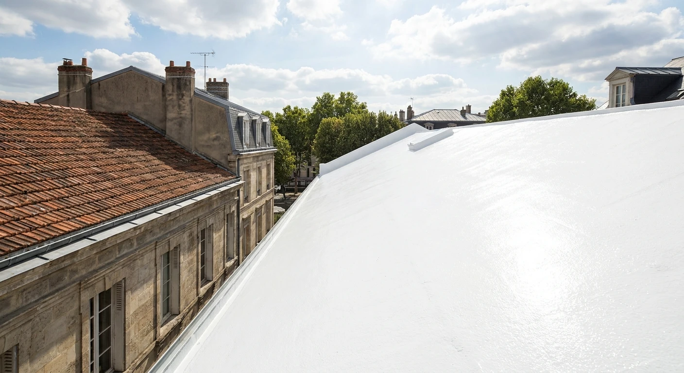 Un ouvrier appliquant de la peinture blanche ou claire réfléchissante au rouleau ou au pistolet sur une surface de toiture en pente, sur le toit d'un bâtiment résidentiel. La scène doit montrer clairement l'application du produit de peinture sur une toiture (et non un mur), avec un environnement de travail professionnel, une toiture visible clairement, et l'équipement de sécurité approprié. La peinture doit donner l'impression d'être réfléchissante et moderne.